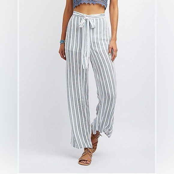 Charlotte Russe White and Blue Striped Tie Front - Gouze Palazzo Pants - Picture 1 of 11